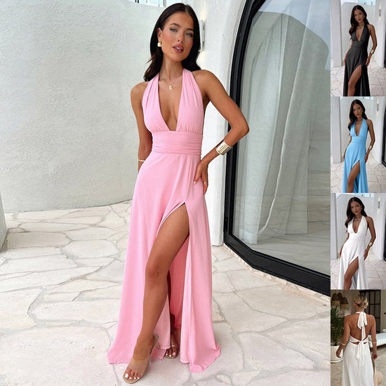 Sexy Halterneck V-Neck Backless Strappy Summer Dress for Women