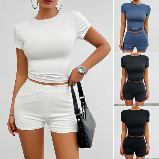 Solid Color Slim Summer Sports Suit – 2PCS Short-Sleeve T-Shirt & Elastic Shorts for Women